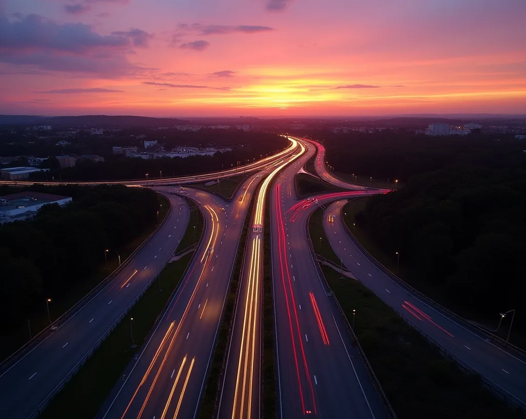 Vista aerea de intercambiador vial al atardecer