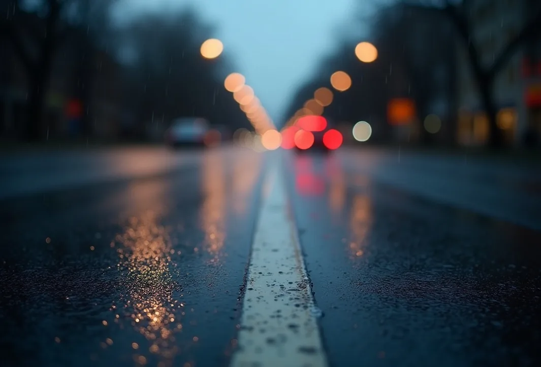 Asfalto mojado con luces bokeh de ciudad
